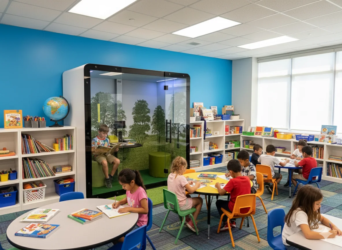 A ForeverMe SensPod standing in a primary classroom. Inside, a boy sits reading on his own against a printed forest interior, while the rest of the class works at tables around the pod.