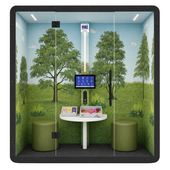 A ForeverMe SensPod in a classroom corner — a soundproof pod with a printed forest interior, seating and a guided regulation screen.